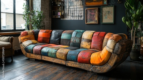 Living room scene. Interior with colorful patchwork sofa. Wood floor and dark wall. Potted plant and framed art. Relaxing in a creative space. photo