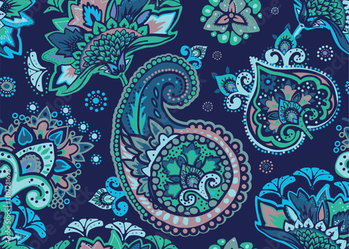 Seamless paisley pattern in Oriental style with floral and ethnic motifs for printed fabric, wallpaper, and packaging