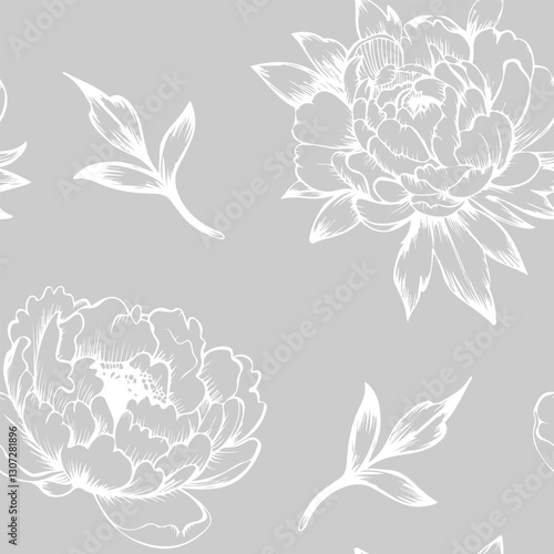 Vector flowers seamless pattern, line illustration, pencil drawing. gray and white floral pattern with flowers. Line art illustration. Floral pattern for invitations, wallpapers, print gift wrap