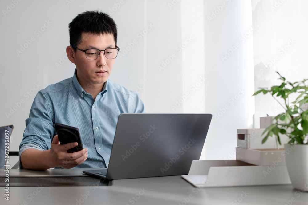 asian businessman using smart phone and laptop in office asian businessman using smart phone and laptop in office