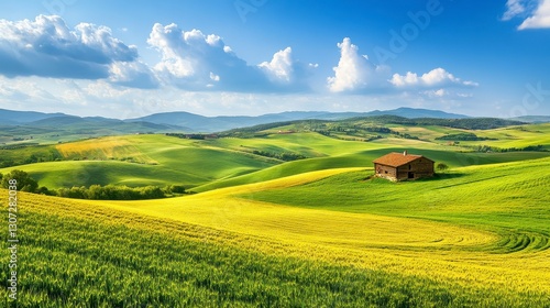 Sunny Rural Landscape with Rolling Hills and Yellow Fields