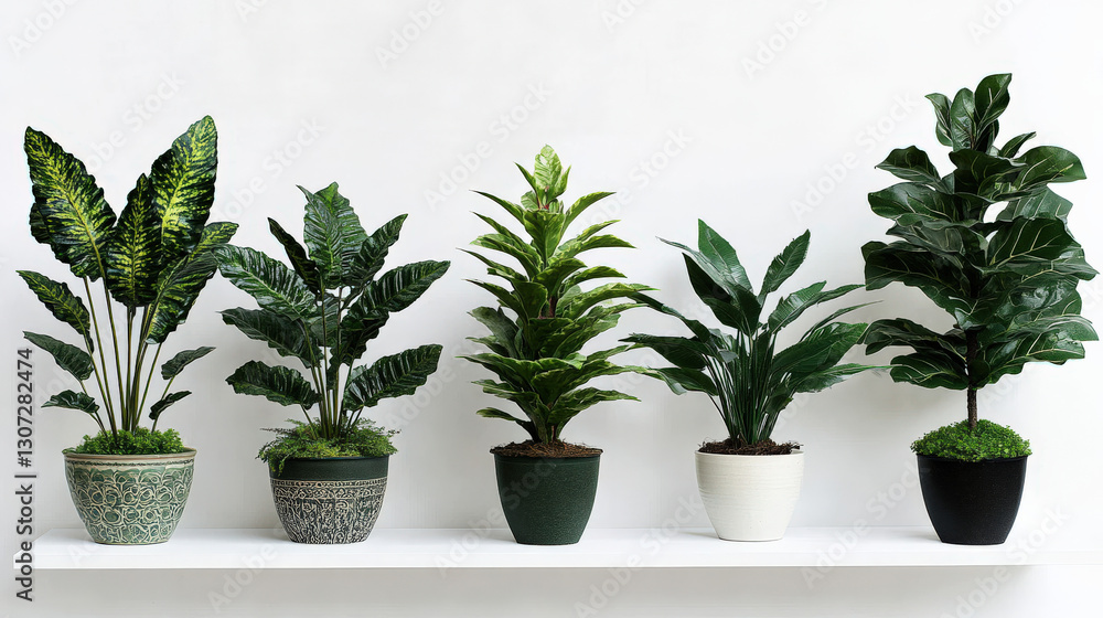 Fototapeta premium Green plants planted in flowerpots by the wall