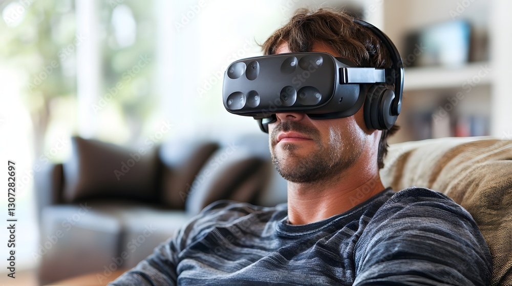 Man immersed in virtual reality experience, wearing headset in bright living room with natural lighting. Man immersed in virtual reality experience, wearing headset in bright living room with natural lighting.