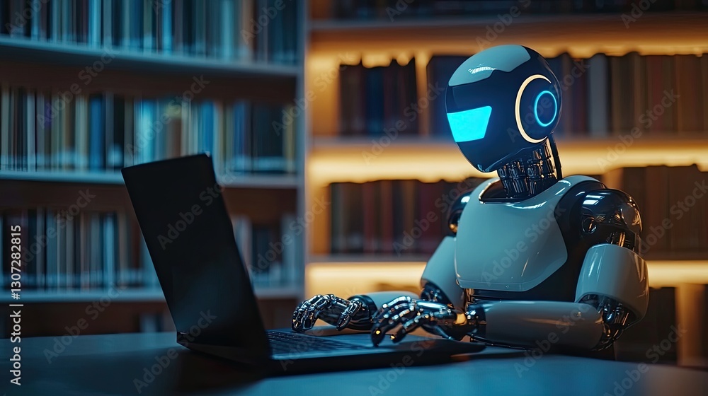 A futuristic robot working on a laptop in a library setting, showcasing modern innovation. A futuristic robot working on a laptop in a library setting, showcasing modern innovation.