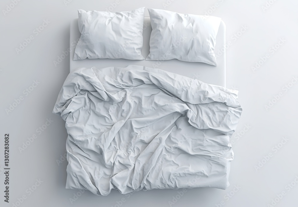 Obraz premium 3D render of a white bed with a crumpled duvet and pillows , viewed from above