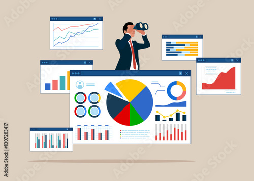 Man open analyze graph and chart using binoculars to see business data analysis research and finance investment planning. Business opportunity, vision to discover new solution or idea, curiosity