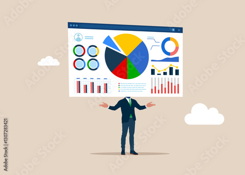 Businessman with a web browser instead instead of a head on shoulders. Financial Report. Reviewing investment portfolio. Online business making money, investment return. Vector illustration