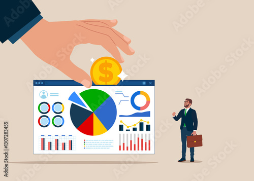Hand putting coin a browser. Analytics and monitoring concept. Analyze graph and chart. Business data analysis research and finance investment planning.  Flat vector illustration