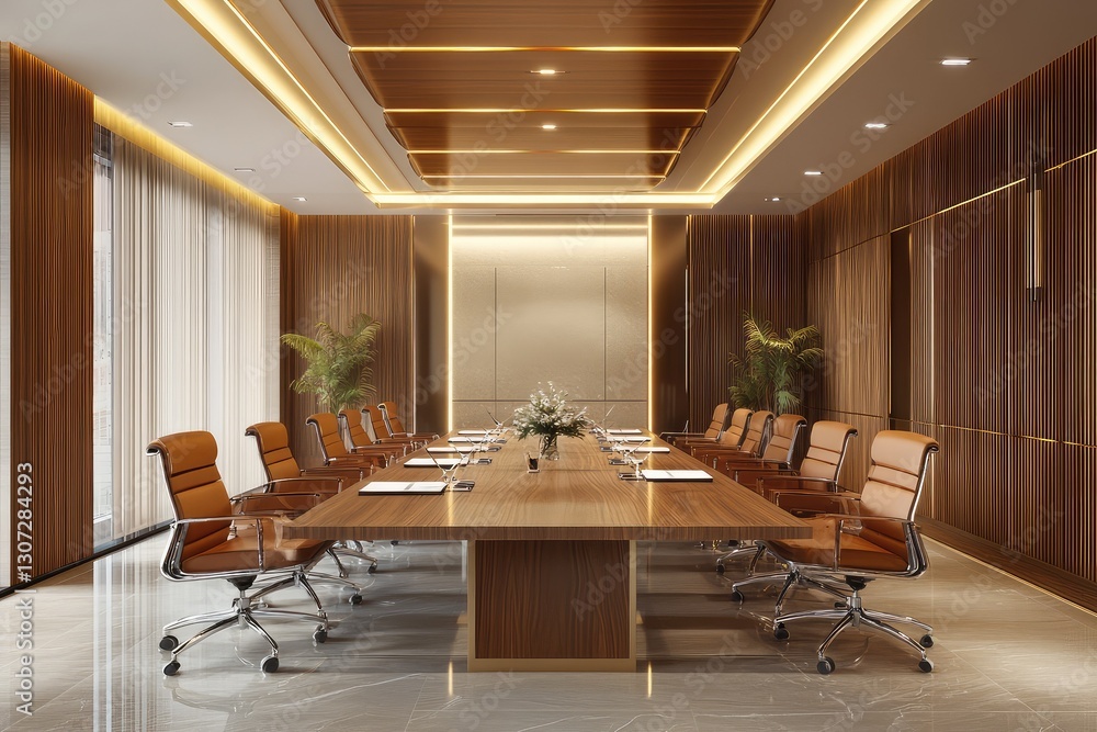 Fototapeta premium Wooden meeting room interior. AI generated illustration.