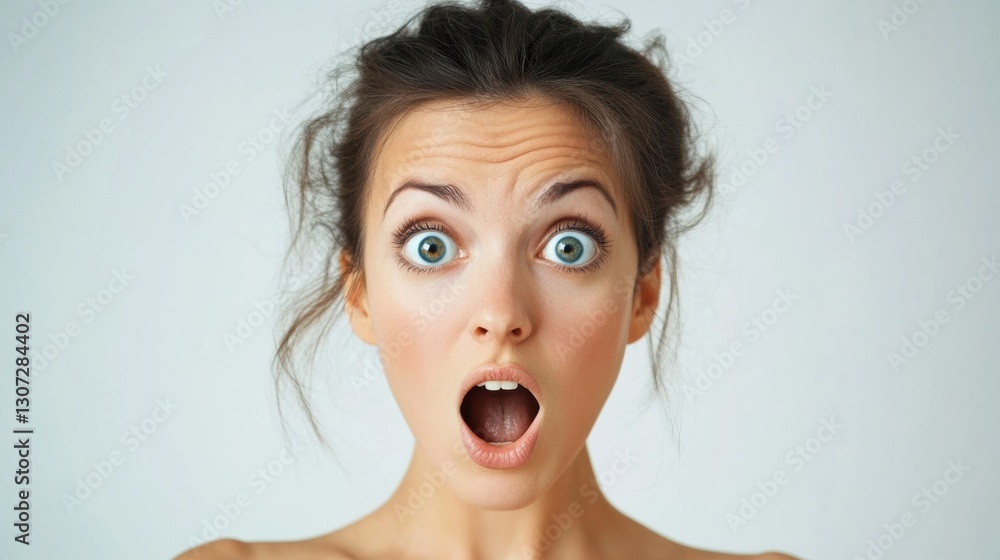 Woman shows surprise and shock in expressive facial reaction Woman shows surprise and shock in expressive facial reaction