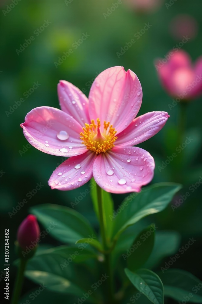 Flower with dew drops and greenery surrounding it, blossom, dewdrops, plantlife Flower with dew drops and greenery surrounding it, blossom, dewdrops, plantlife