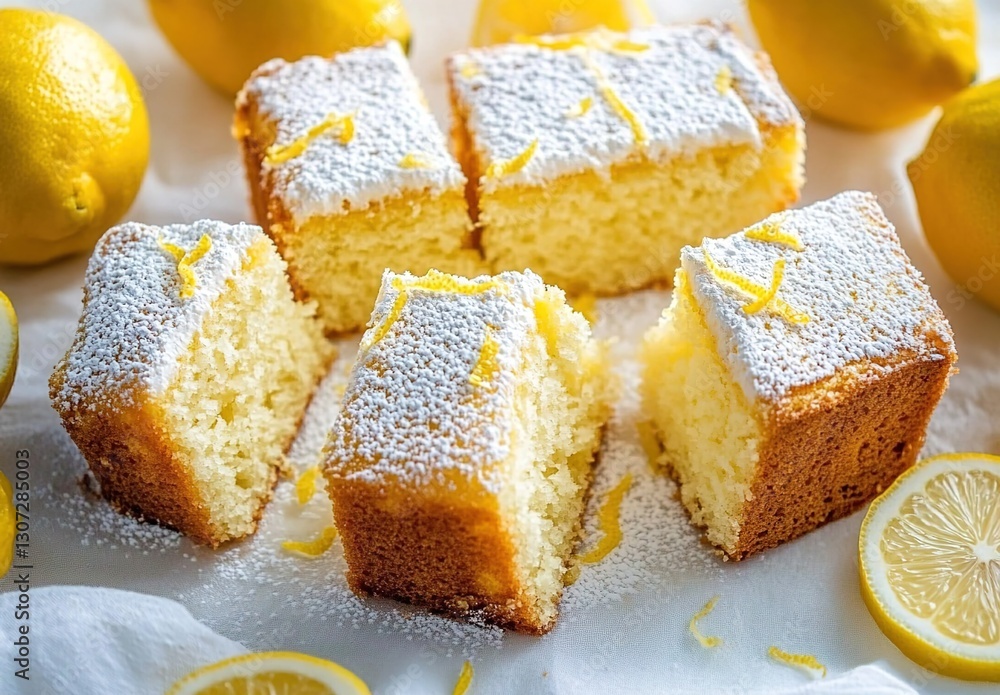 A fluffy, soft lemon cake with cut into slices and dusted with sugar on top of the table.