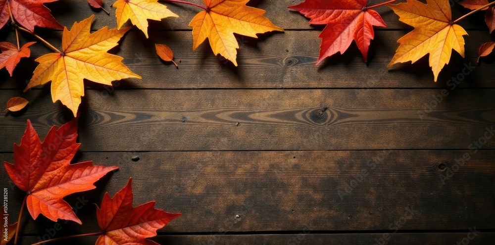 Obraz premium Leaves and twigs on a wooden background, earthy tones and brown colors, warm colors, dry season, nature