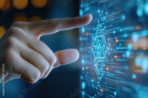 Finger Touching Digital Hologram Interface, Futuristic.