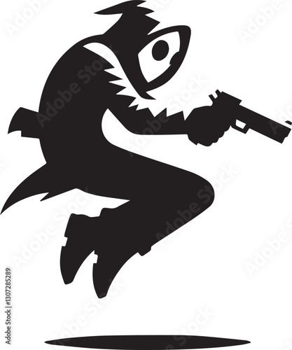 Silhouette of a hooded figure jumping with a gun ready to fire away
