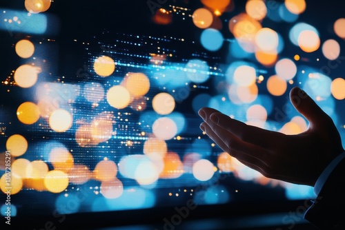 Hand Gesturing In Front Of Abstract Digital Interface Art.