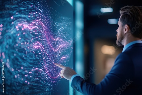 Man Exploring Digital Wave On Futuristic Screen.