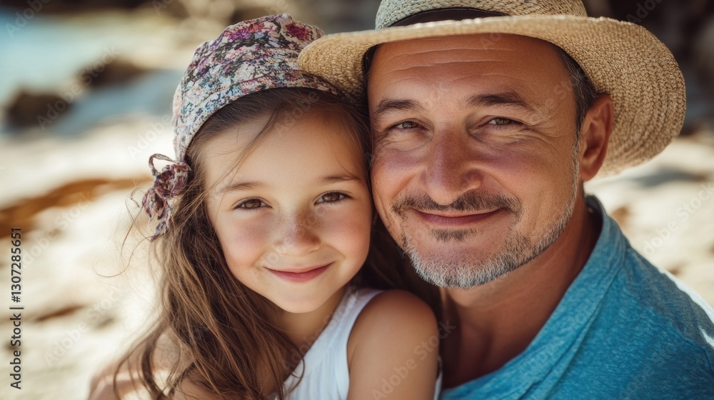 Fototapeta premium Smiles shared between grandfather and granddaughter on the beach