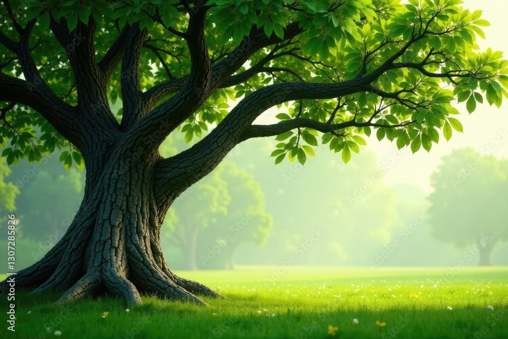 Tree with thick, gnarled branches and leaves in the foreground, landscape, natural, tree branches Tree with thick, gnarled branches and leaves in the foreground, landscape, natural, tree branches