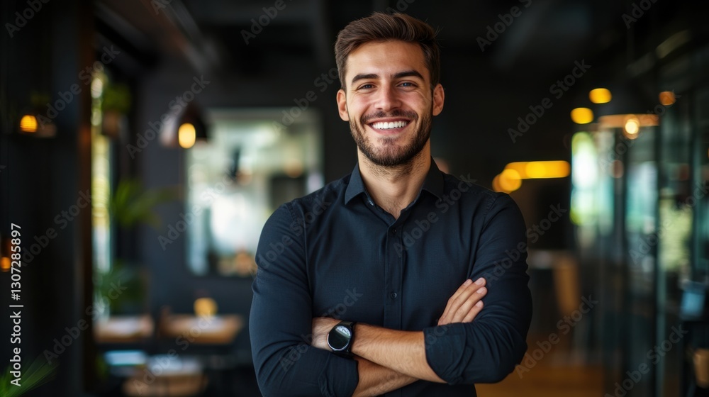 Obraz premium Young man smiles confidently in a modern cafe setting