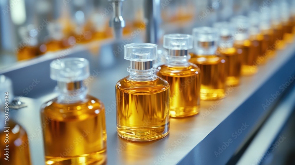 Bottling process of amber-colored liquid in a factory setting Bottling process of amber-colored liquid in a factory setting