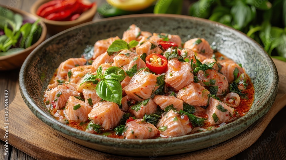 Spicy salmon salad with chili and basil. Spicy salmon salad with chili and basil.