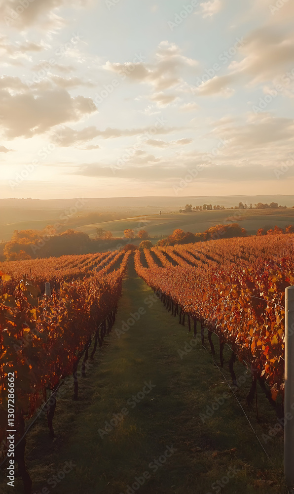 Obraz premium Autumnal vineyard vista under a golden sunset, featuring vibrant foliage and serene atmosphere.