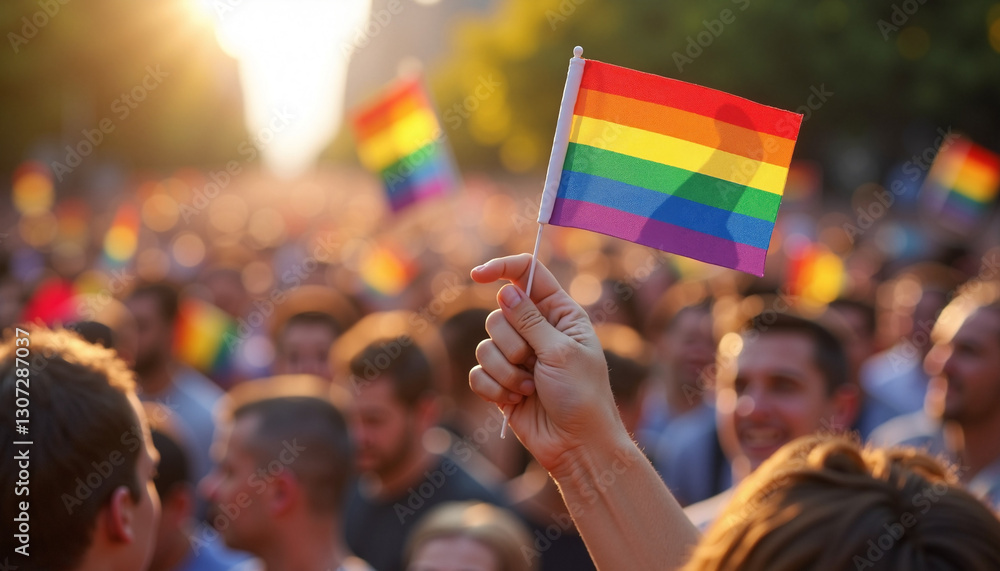 Obraz premium Hand holding rainbow flag in pride celebration crowd