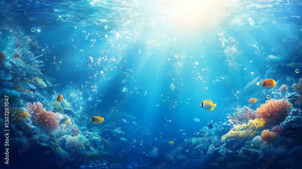 Underwater scene with a school of fish swimming through clear blue water, vibrant sunlight, peaceful and lively vibe, ultra-detailed, high resolution. Underwater scene with a school of fish swimming through clear blue water, vibrant sunlight, peaceful and lively vibe, ultra-detailed, high resolution.