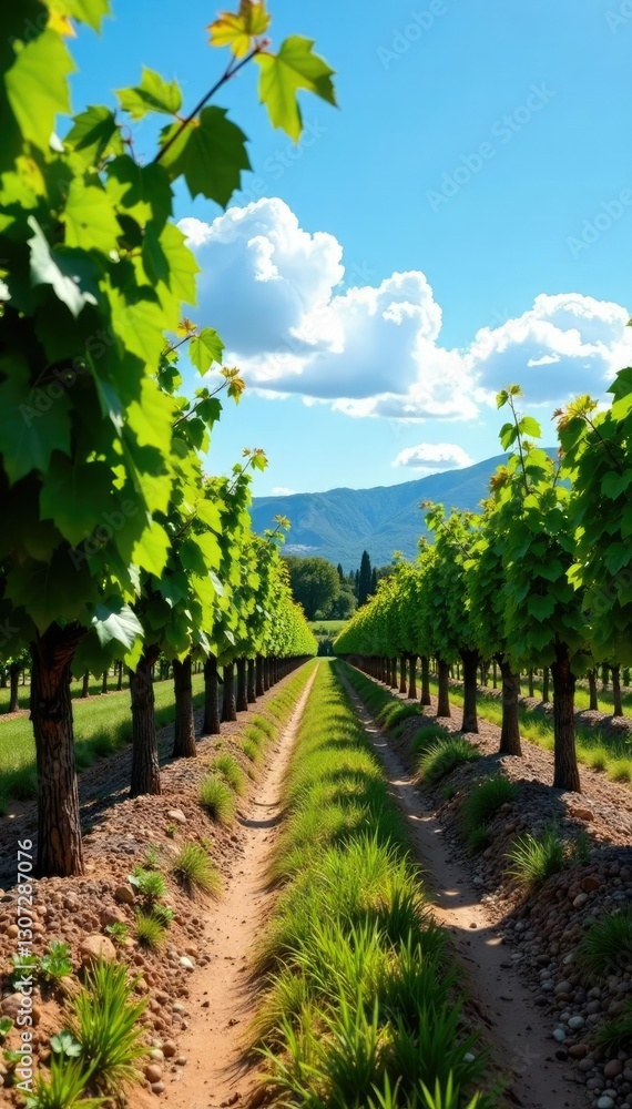 Obraz premium Grapevines and olive trees under sunny blue sky, leaves, vineyard, rustic