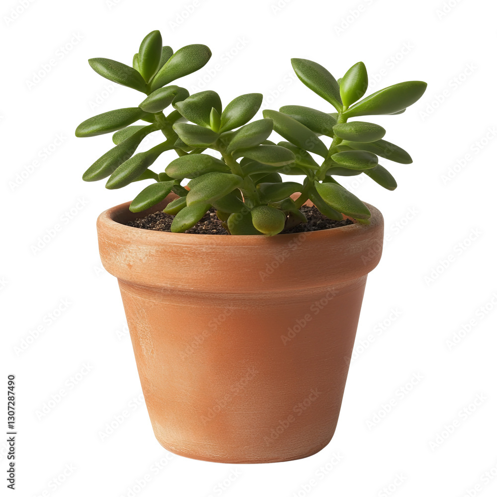 Fototapeta premium Jade Succulent Plant, Green Crassula in Terracotta Pot, Easy-Care Houseplant