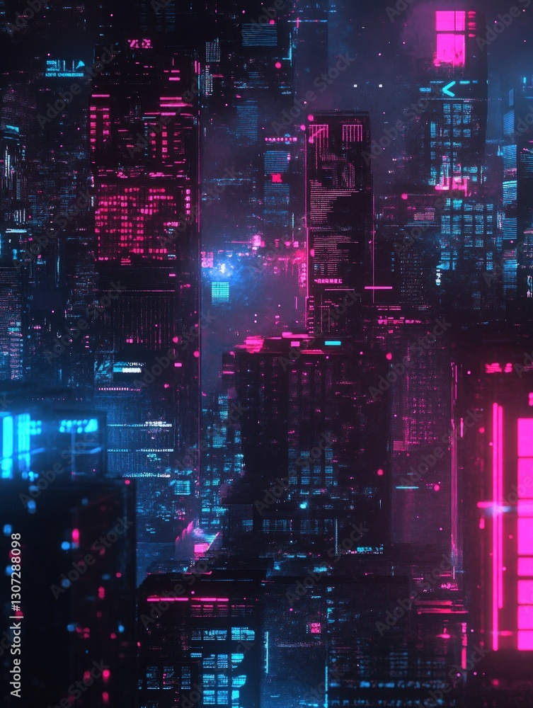 Naklejka premium Futuristic cityscape featuring tall buildings with illuminated windows in shades of pink and blue. Dark background with hazy atmosphere. Digital art