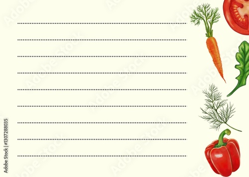 A blank lined recipes card or grocery lists with watercolor illustrations of vegetables including a tomato, carrot, red bell pepper, and dill on the right side.