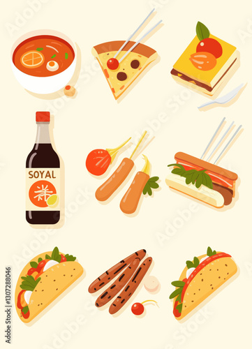 Assorted Cartoon Food Icons With Soy Sauce Bottle
