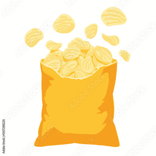 Bag of wavy potato chips with flying chips