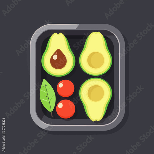 Avocado halves, tomatoes, leaf in tray, still life
