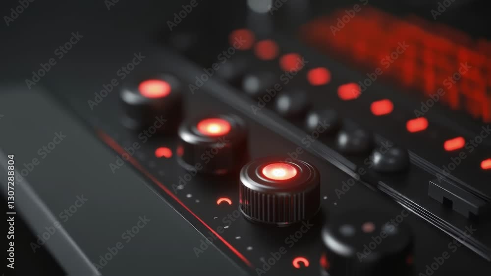 Close up view of a professional audio mixer featuring illuminated knobs and a red led display, showcasing the intricate controls and advanced technology used in music production Close up view of a professional audio mixer featuring illuminated knobs and a red led display, showcasing the intricate controls and advanced technology used in music production