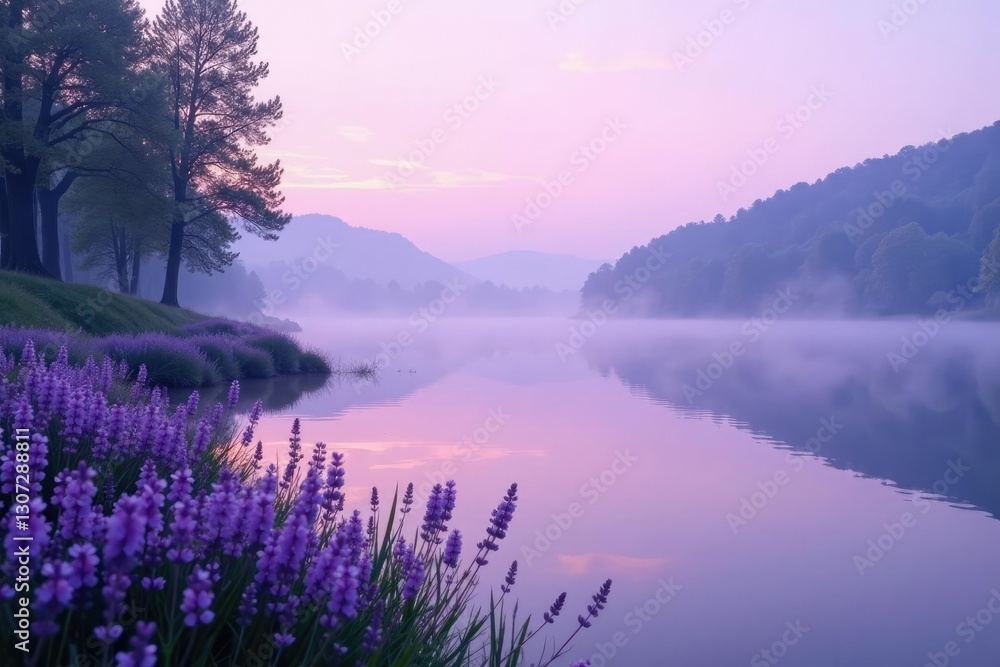 Fototapeta premium Lavender purple mist rising from a peaceful lake, reflection, stillness, nature