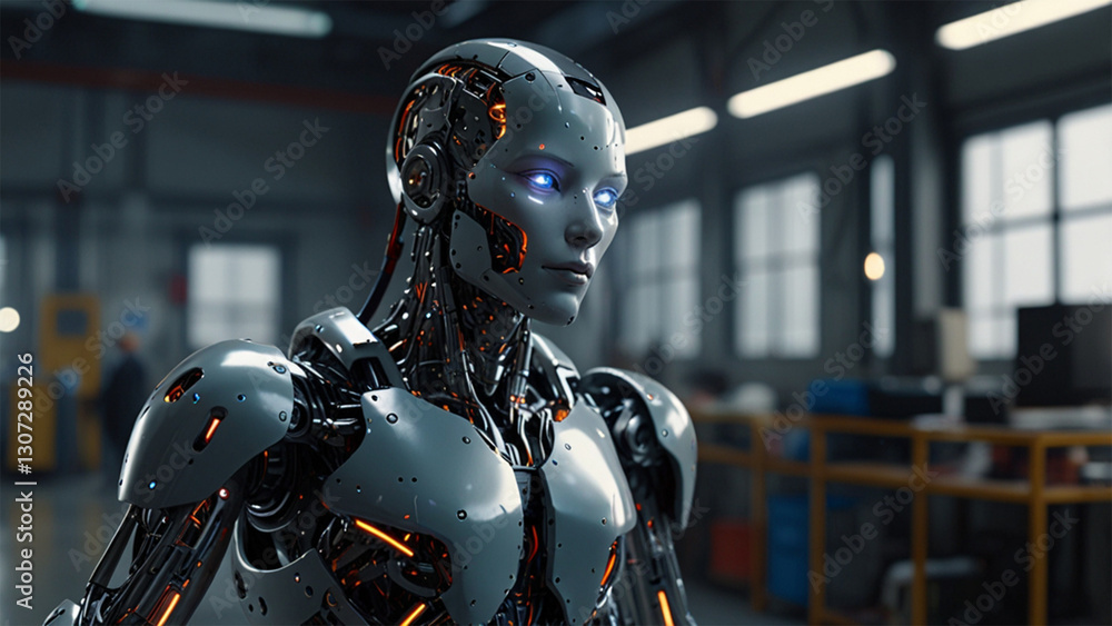 futuristic robot cyborg white robots in an industrial factory, half-body view. futuristic robot cyborg white robots in an industrial factory, half-body view.