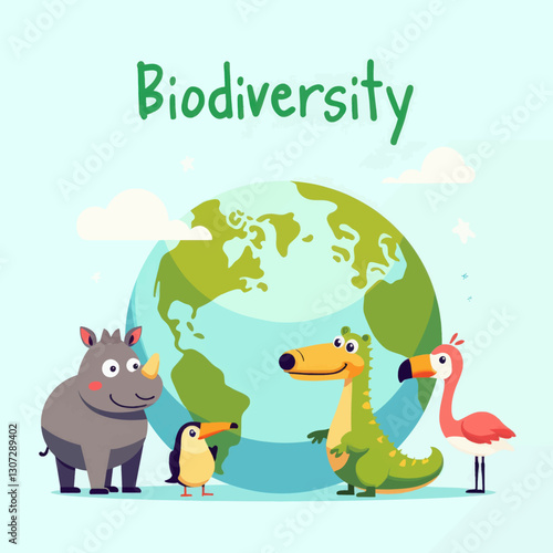 Cartoon biodiversity with animals, Earth, and sky