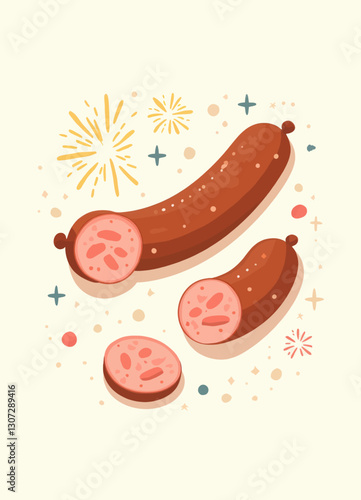 Cartoon Bologna Sausage Celebration with Fireworks & Confetti