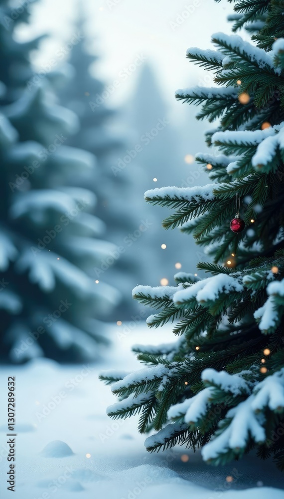 Obraz premium Snowflakes gently fall on frosty evergreen trees, festive, forest, peaceful
