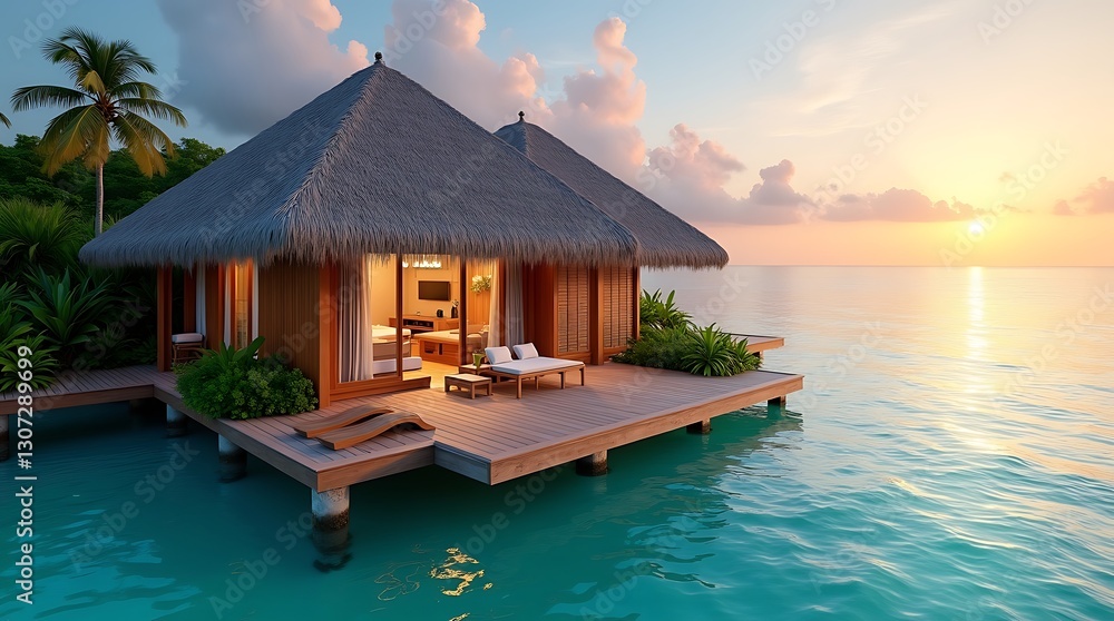 Overwater bungalows with thatched roofs on a calm turquoise sea at sunset. Overwater bungalows with thatched roofs on a calm turquoise sea at sunset.