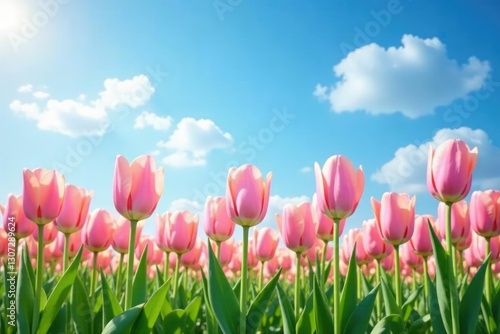 Pastel tulips sway gently in the breeze amidst a bright blue sky with fluffy white clouds, flower fields, spring flowers