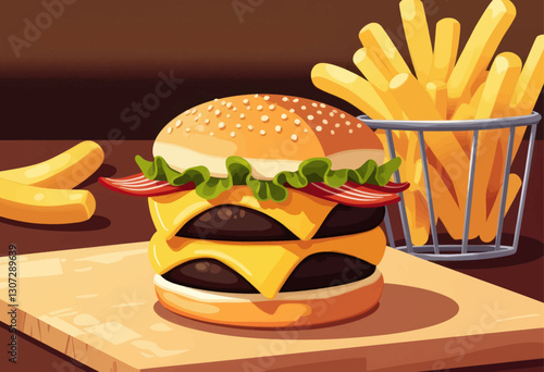 Cartoon Double Cheeseburger with Fries on Wood Plank