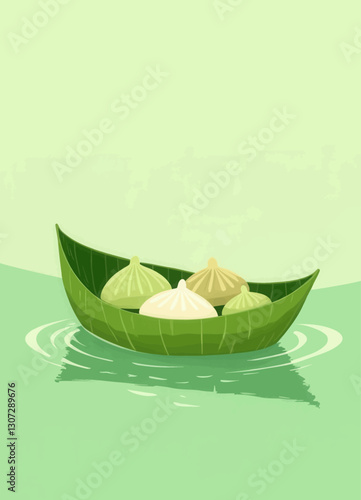 Cartoon Dumplings in Leaf Boat on Green Water