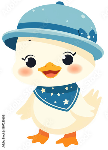 Cartoon Duckling with Star Bandana and Blue Hat