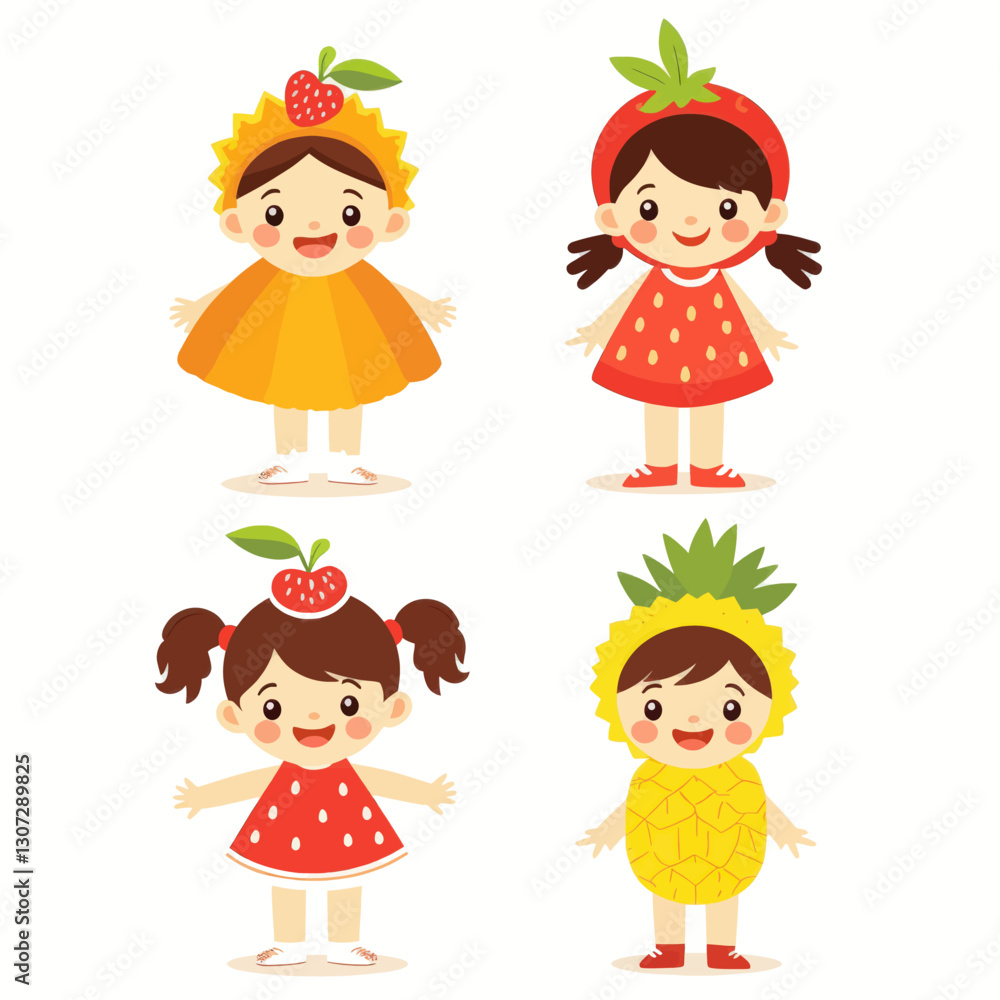 Cartoon fruit costume kids apple, strawberry, pineapple, cherry Cartoon fruit costume kids apple, strawberry, pineapple, cherry