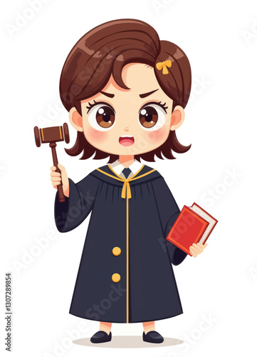 Cartoon girl in judge robe holding gavel and book