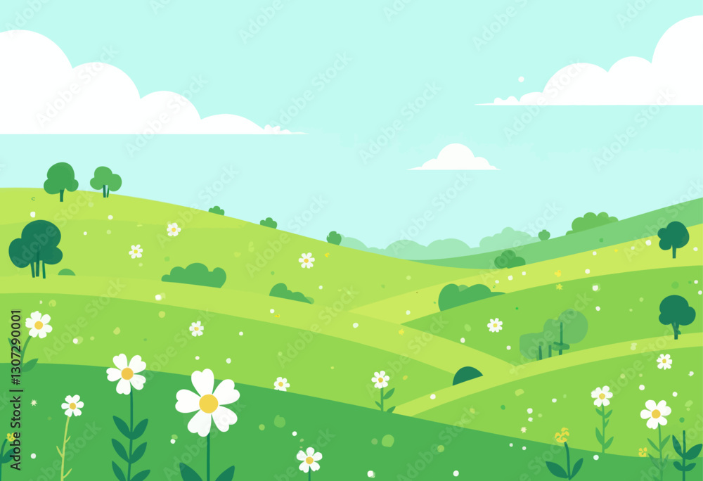 Cartoon green hills with white daisies and blue sky Cartoon green hills with white daisies and blue sky